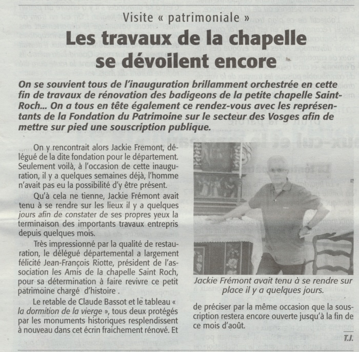 Les travaux de la chapelle se dévoilent encore Echo des Vosges 22-8-2015