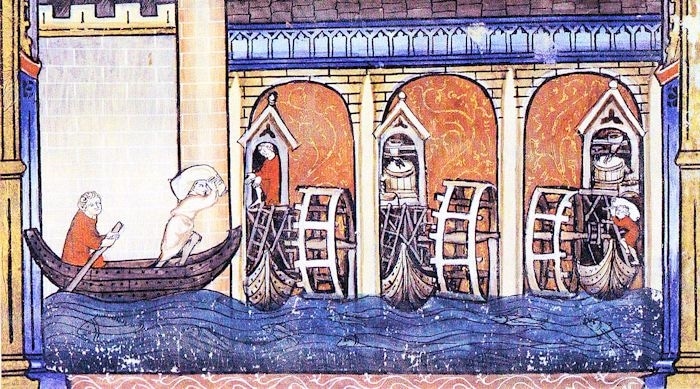 Moulin à aubes au 14e siècle. Bibliothèque Nationale de France