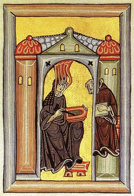 Hildegarde recevant une vision,  dictant au moine Volmar,  et dessinant une esquisse  sur une tablette de cire.  Frontispice du Scivias (1165). 