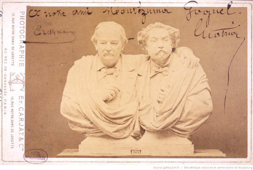 Photo dédicacée par Erckmann et Chatrian pour leur ami déodatien Montézuma Goguel. BNU de Strasbourg.