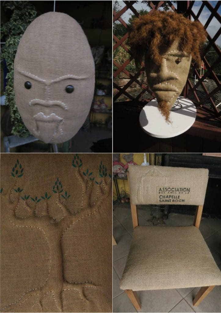 4 des oeuvres de Fabrice Podvin. Un masque, une tête, un arbre et un chaise avec le logo des Amis de la Chapelle